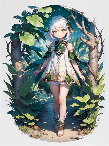 02139-461076223-detailed illustration, kusanali,kid, white hair,white dress, green eyes,hair ornament, blush, full body, scenery, jungle _lora_n.jpg